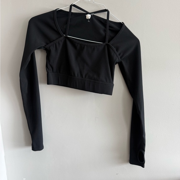 HALARA Tops - Halara Black Ribbed Long Sleeve Cropped Athletic Top XS Open Back Yoga